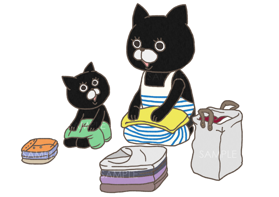 猫の親子お洗濯物をたたむイラスト